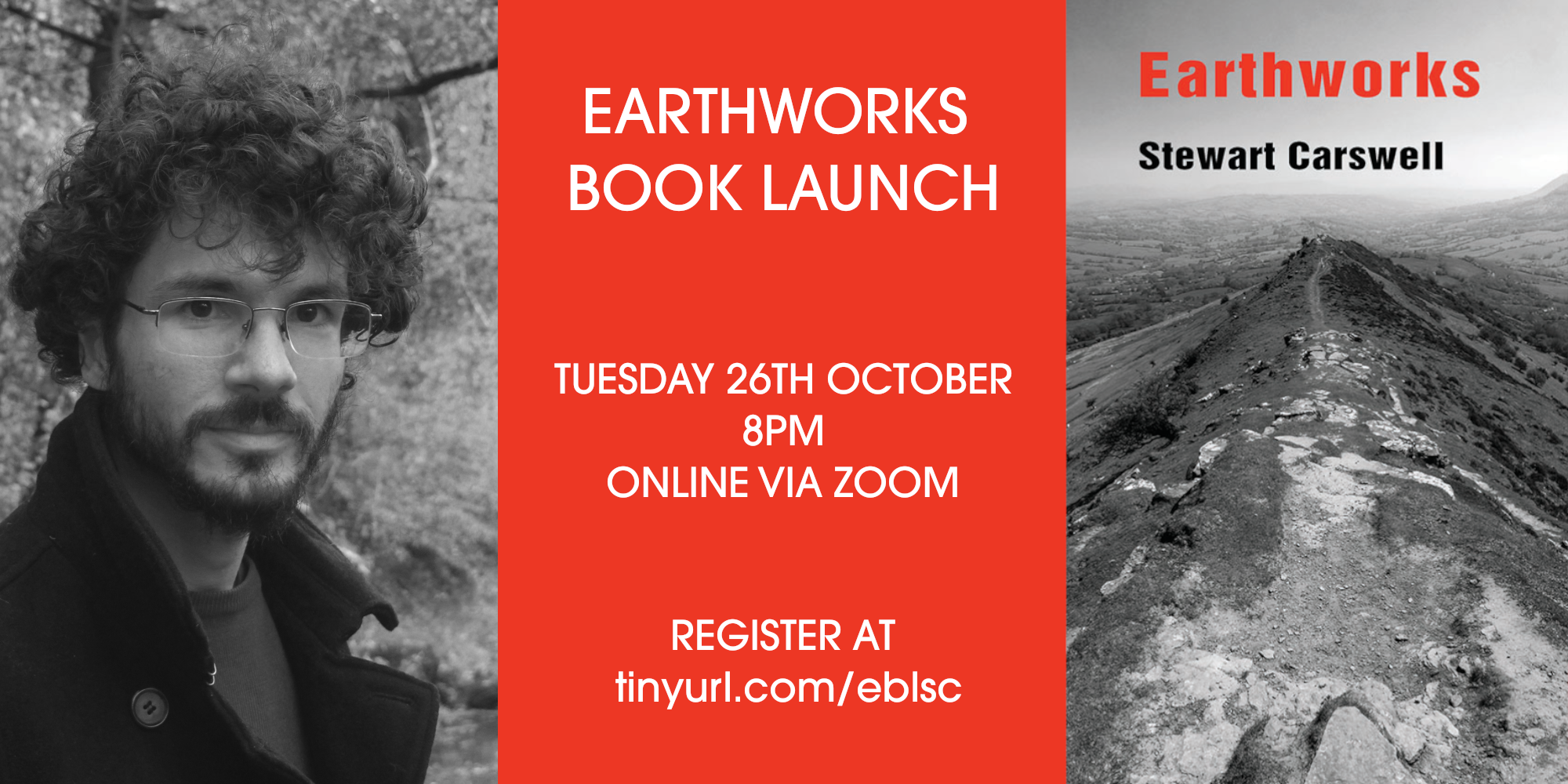 Event poster for Earthworks book launch. Triptych of author photo, event details, and book cover