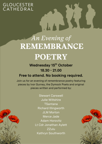Poster for Remembrance Poetry event. Wednesday 15th October 18:30 at Gloucester Cathedral
